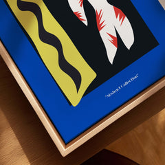 Matisse Art Prints - Icarus Jazz Abstract Art Print Blue displayed in a wooden frame highlighting vibrant colors.