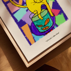 Matisse Art Prints - Yellow Cat with Fishbowl Geometric Poster, featuring a cat and fishbowl on a colorful geometric background.
