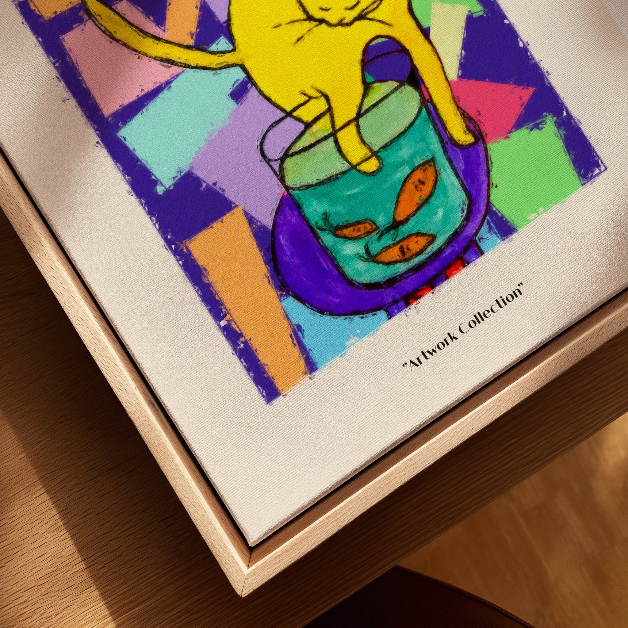 Matisse Art Prints - Yellow Cat with Fishbowl Geometric Poster, featuring a cat and fishbowl on a colorful geometric background.