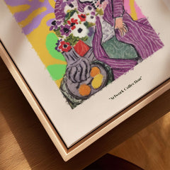 Matisse Art Prints - Stylized Woman with Flowers Fruit Still Life Interior Poster close-up of artwork on display