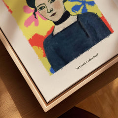 Matisse Art Prints - Woman Portrait Abstract Floral Poster featuring a woman with dark hair and a blue top on a vibrant background.