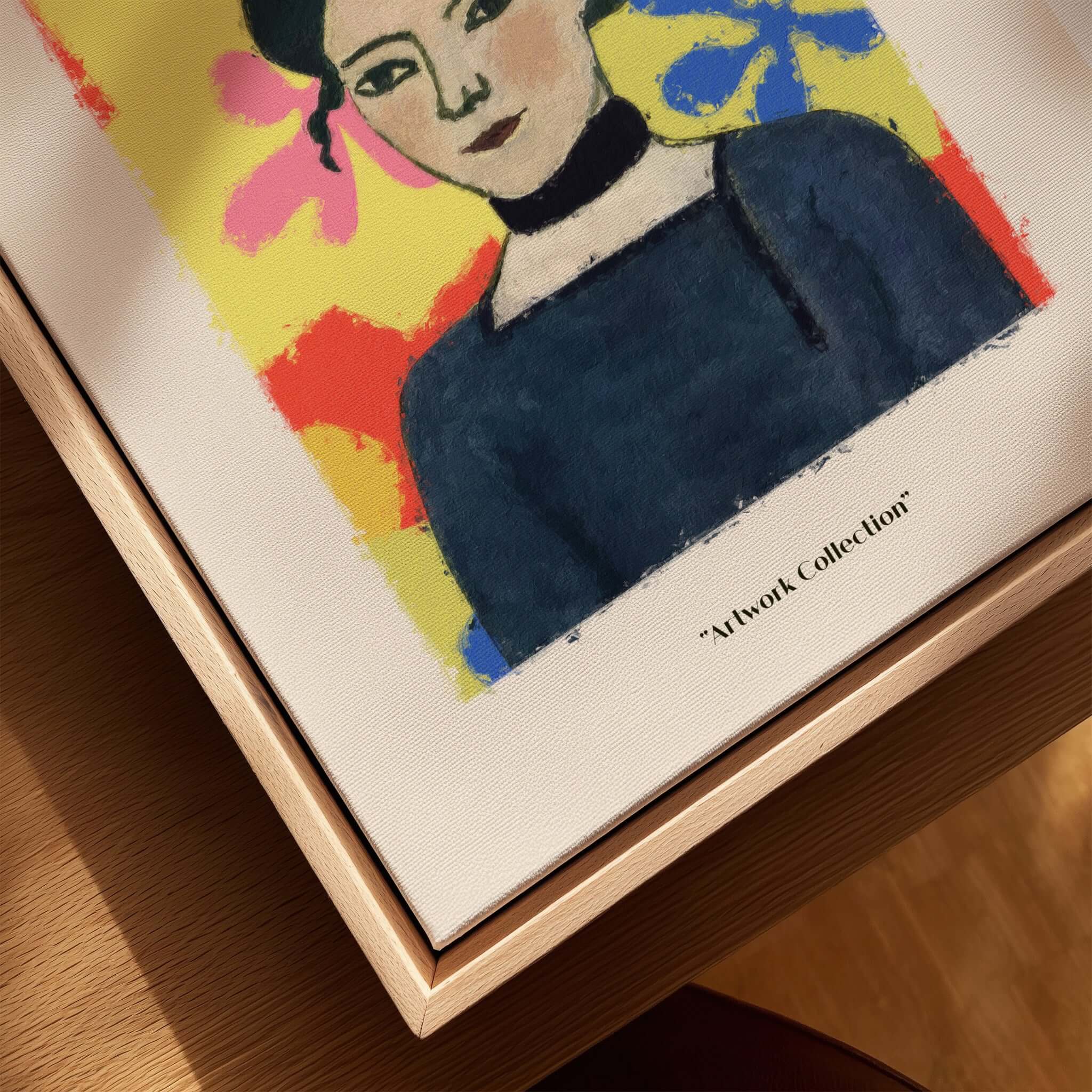 Matisse Art Prints - Woman Portrait Abstract Floral Poster featuring a woman with dark hair and a blue top on a vibrant background.