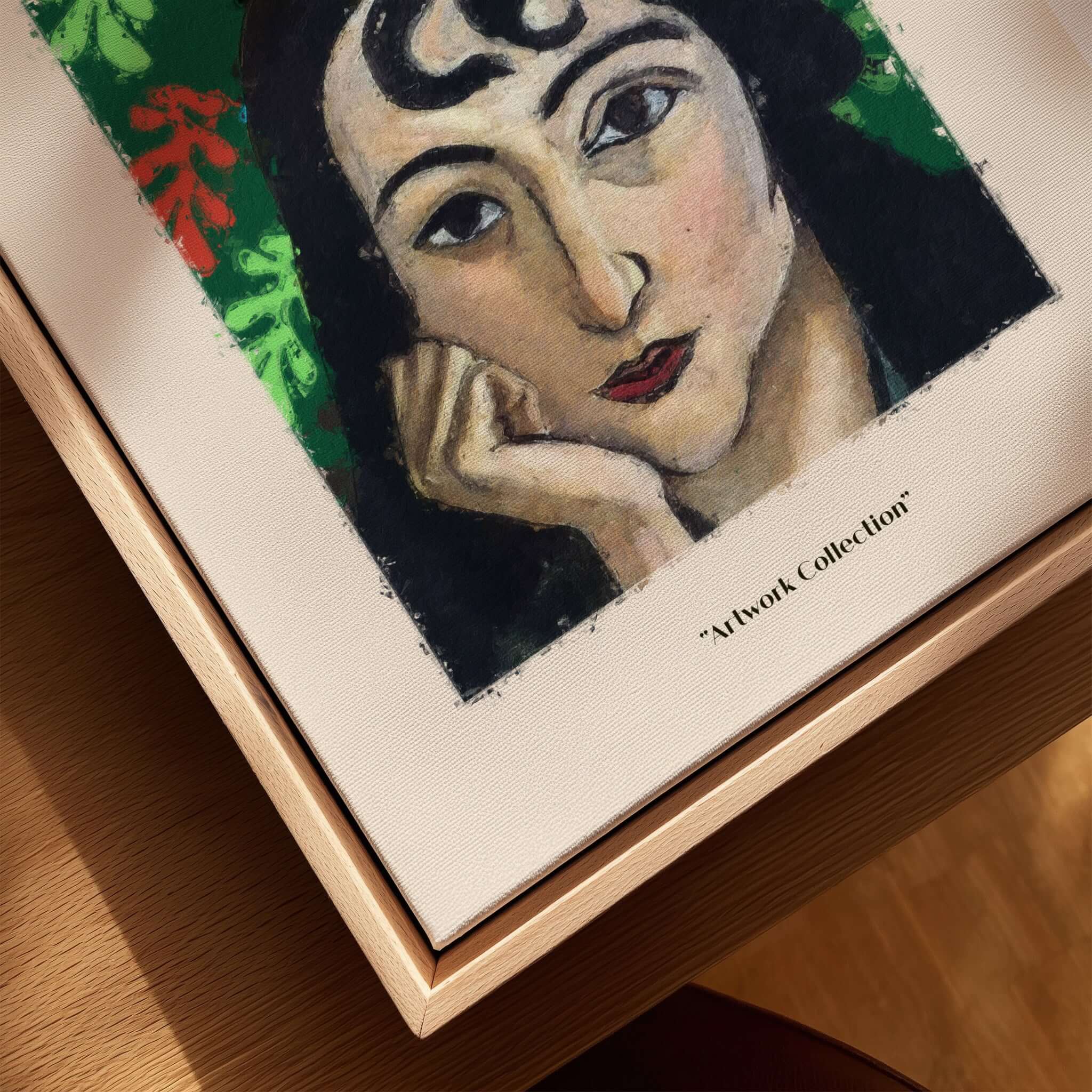 Matisse Art Prints - Pensive Woman Poster featuring a thoughtful woman portrait on a vibrant abstract background.