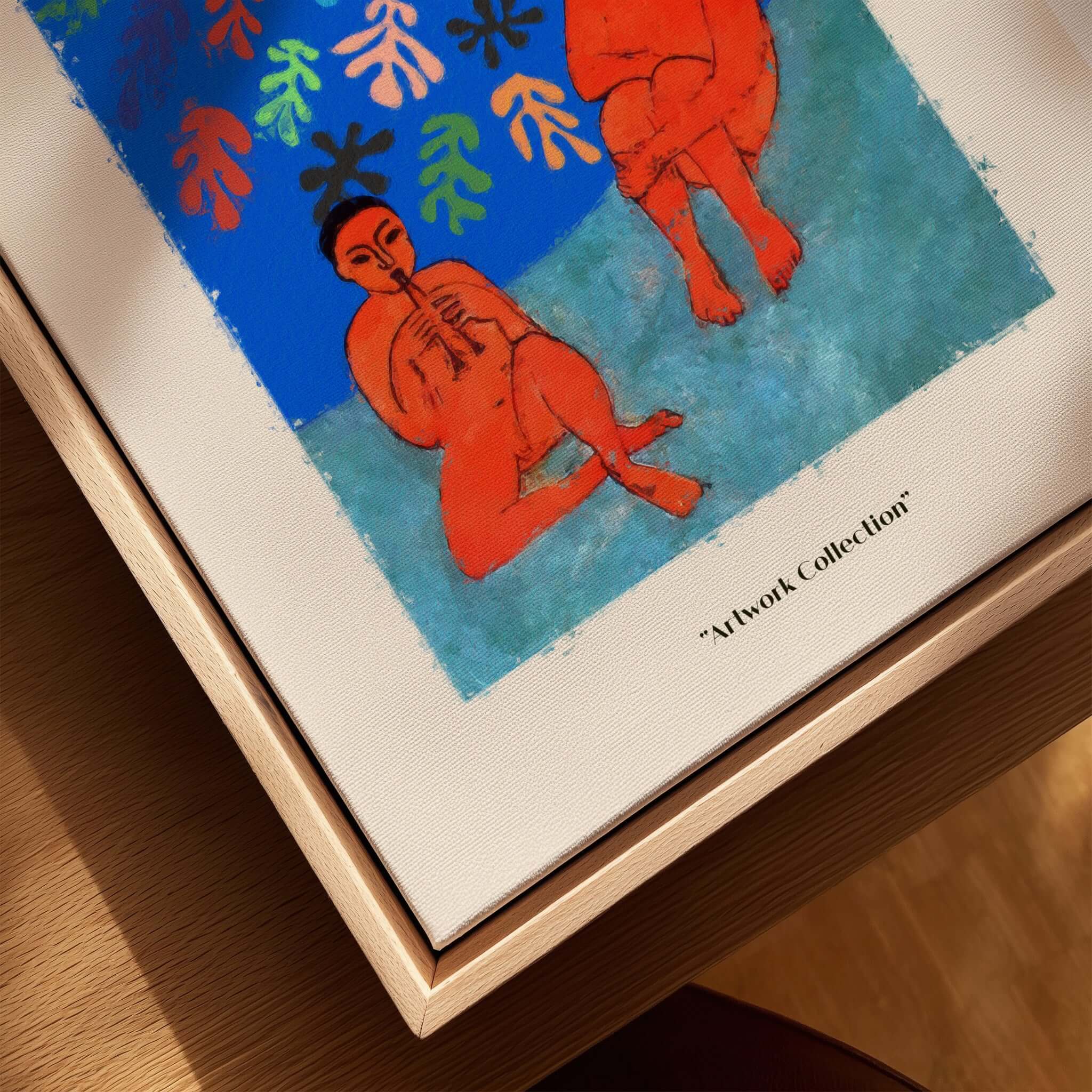 Matisse Art Prints - Two Figures Flute Poster featuring orange figures on green background with abstract shapes.