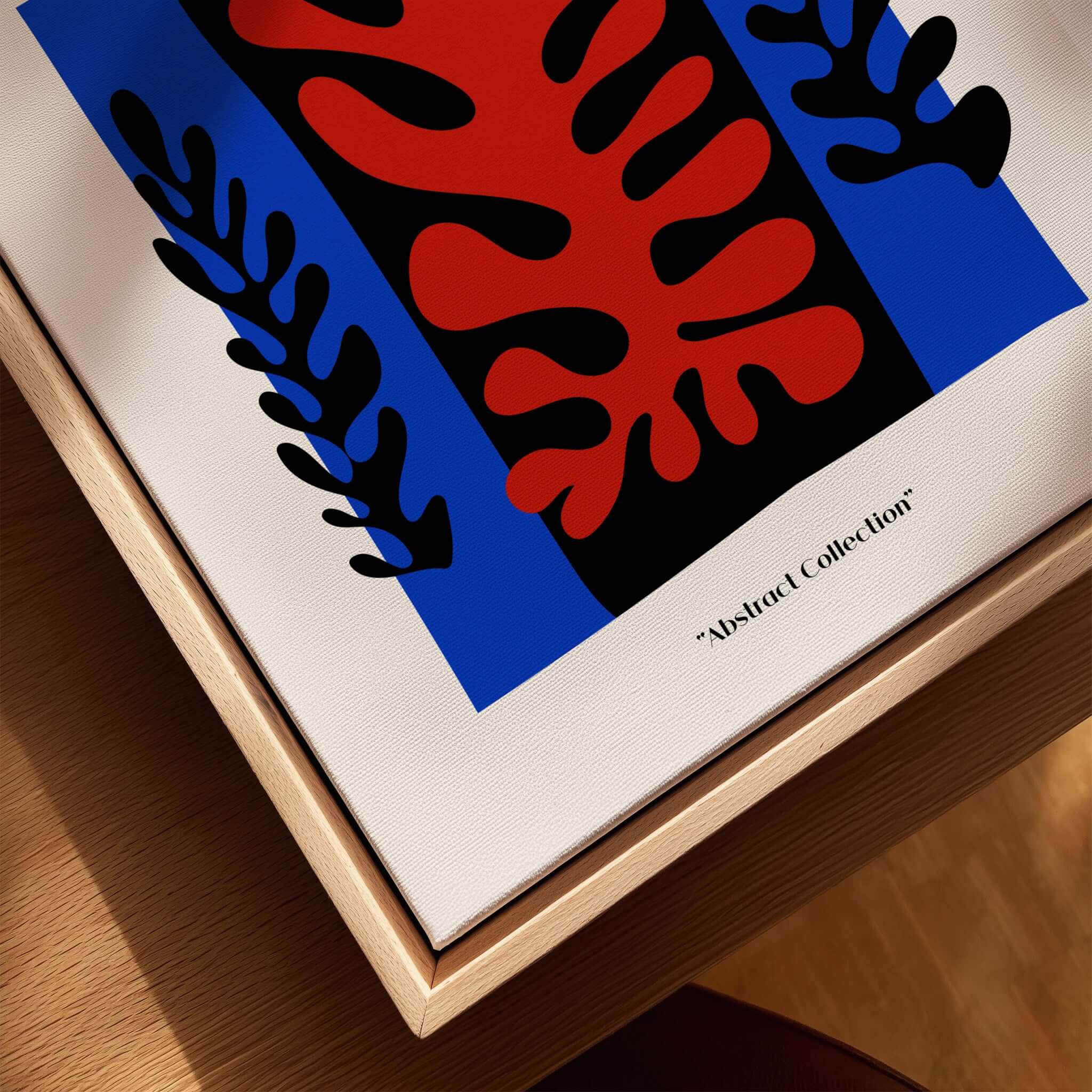 Matisse Art Prints -  Red Coral Black Leaves Blue Frame Poster featuring bold red and black abstract shapes.
