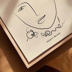 Matisse Art Prints -  Line Art Face Curly Hair Minimalist Poster featuring a stylish line drawing on beige background.