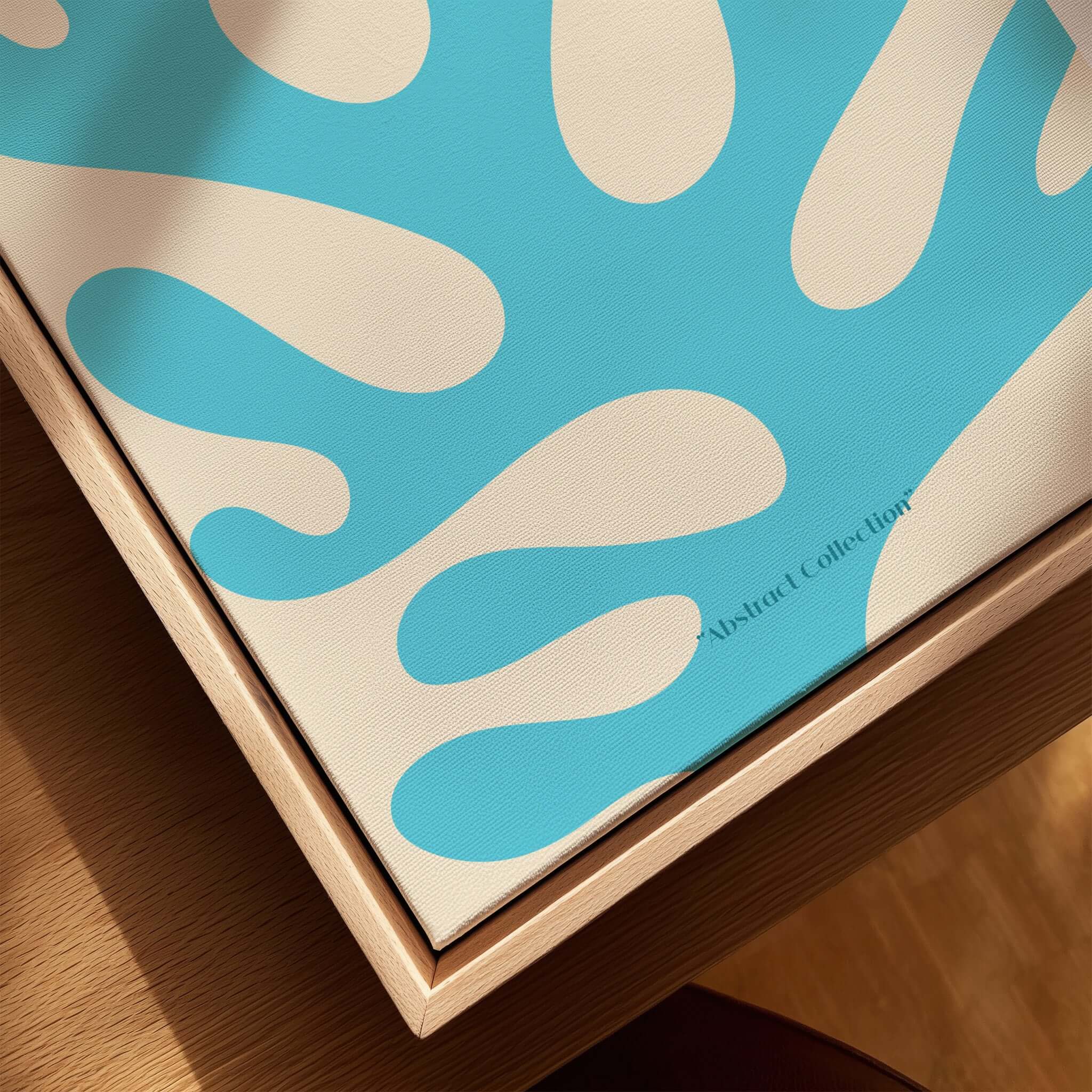 Matisse Art Prints -  Blue Coral Abstract Botanical Art Print Poster displayed on a wooden frame with blue and white design.