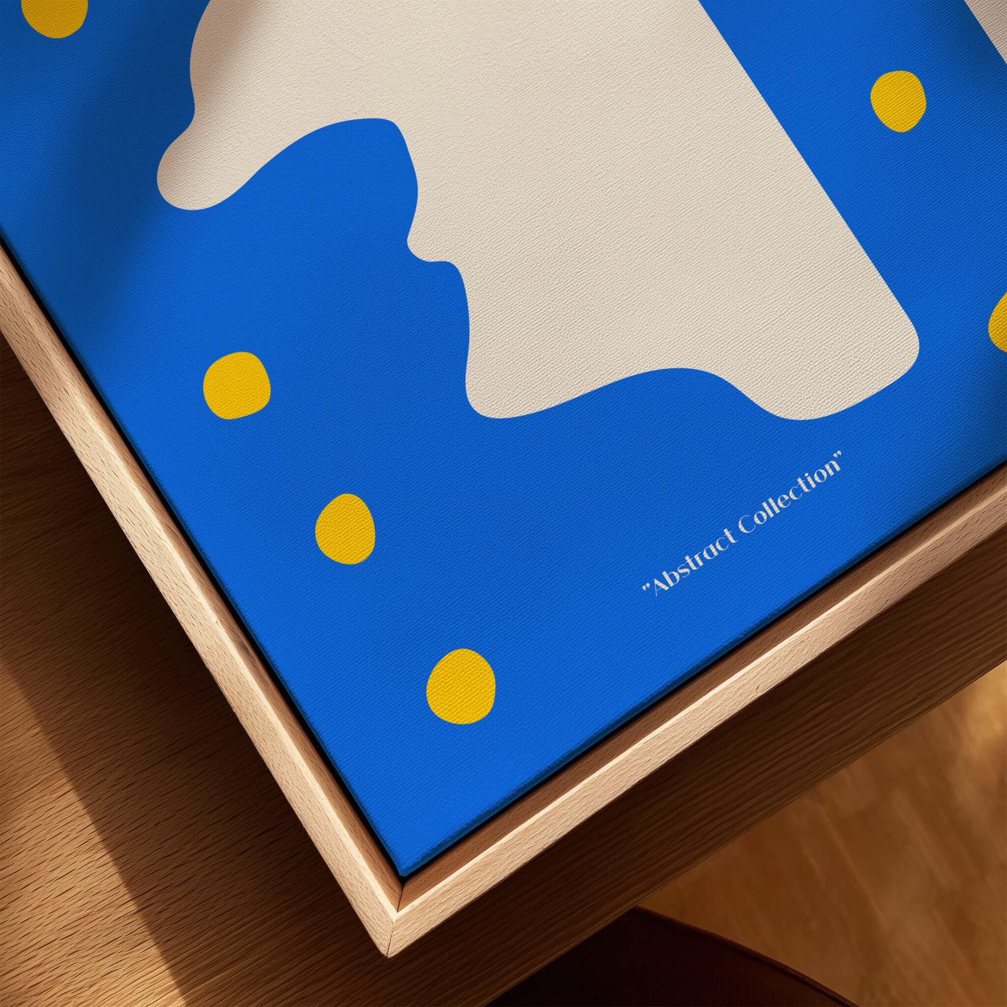 Matisse Art Prints -  Blue Abstract Profile with Yellow Dots Poster displayed in a frame with minimalist design.