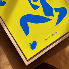 Matisse Art Prints - Blue Nude Abstract Figure Yellow Poster featuring a vibrant blue figure on a bright yellow background.