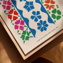 Matisse Large Decoration with Masks Vertical Panel Art Print featuring vibrant floral motifs and a beige background.