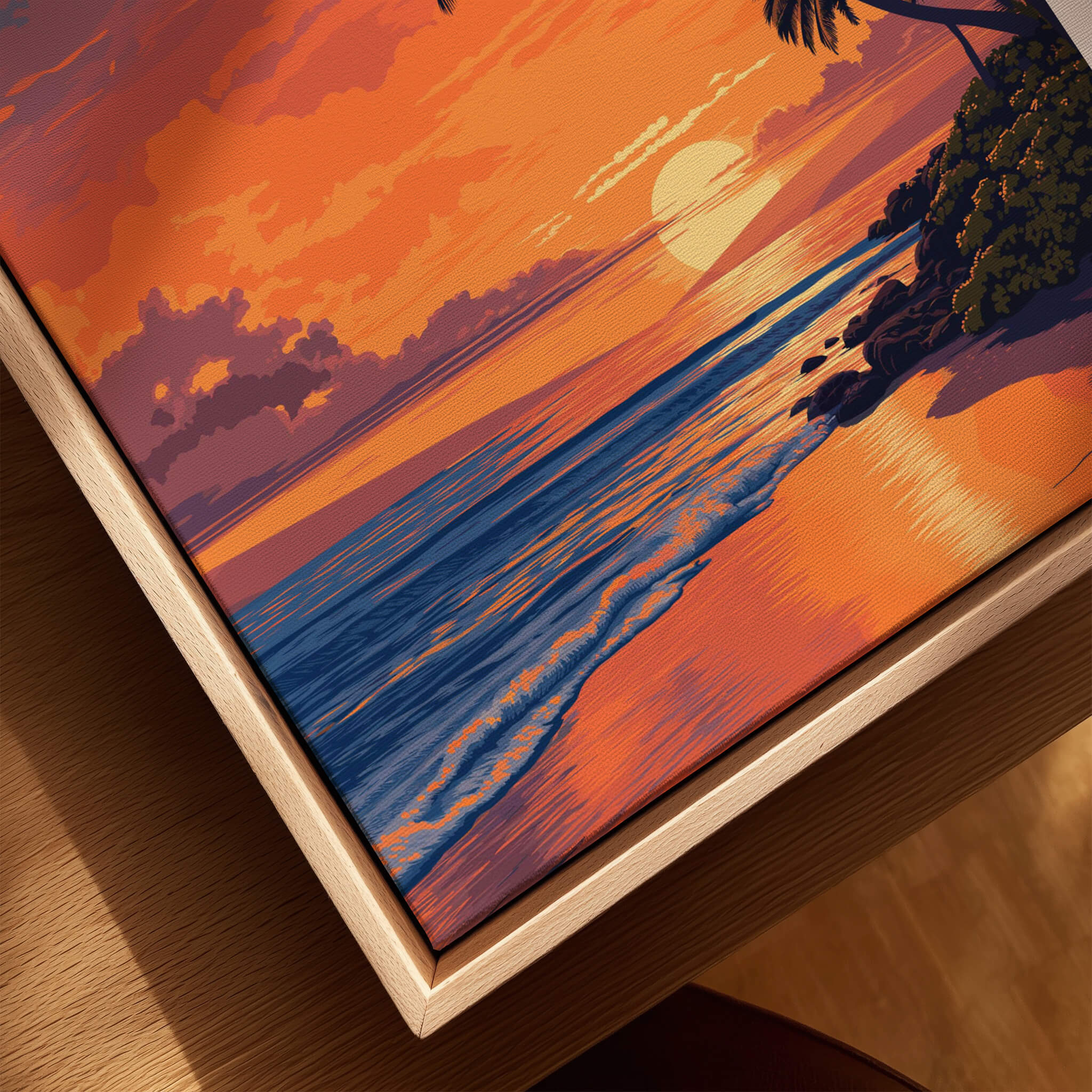 Maui Hawaii Travel Poster | Golden Hour Ocean Sunset Wall Art Print featuring a stunning beach sunset scene.