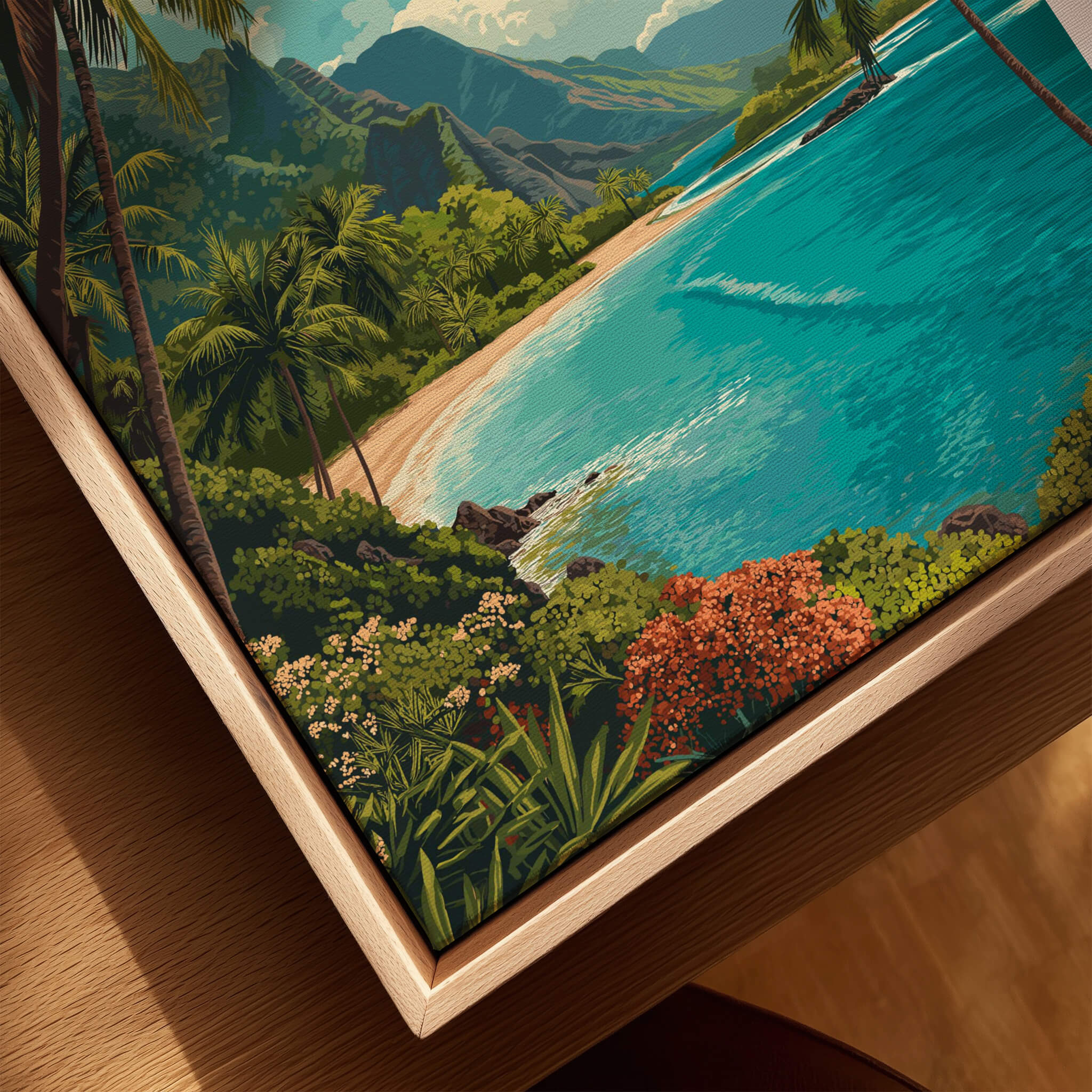 Maui Hawaii Wall Art Print | Lush Tropical Mountain Coast Travel Poster showcasing vibrant coastal scenery and lush greenery.