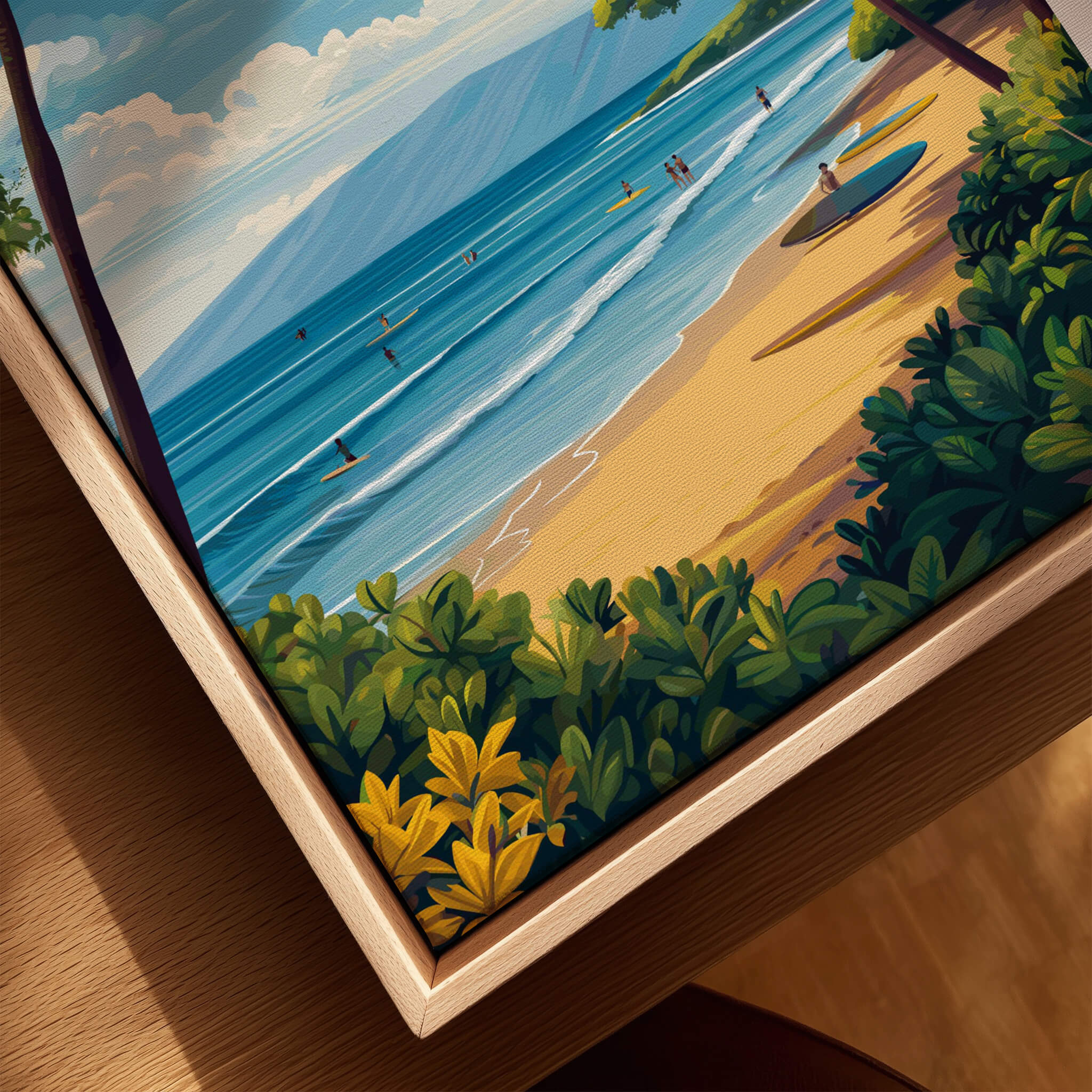 Maui Hawaii Travel Poster | Sunny Surfing Beach Wall Art Print featuring vibrant beach scene with surfers and tropical landscape.