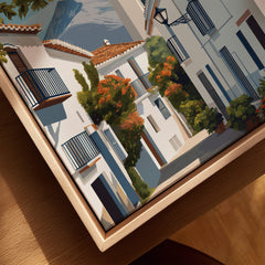 Mijas Spain Travel Poster | Traditional White Street Wall Art Print featuring cobblestone streets and white-washed buildings.
