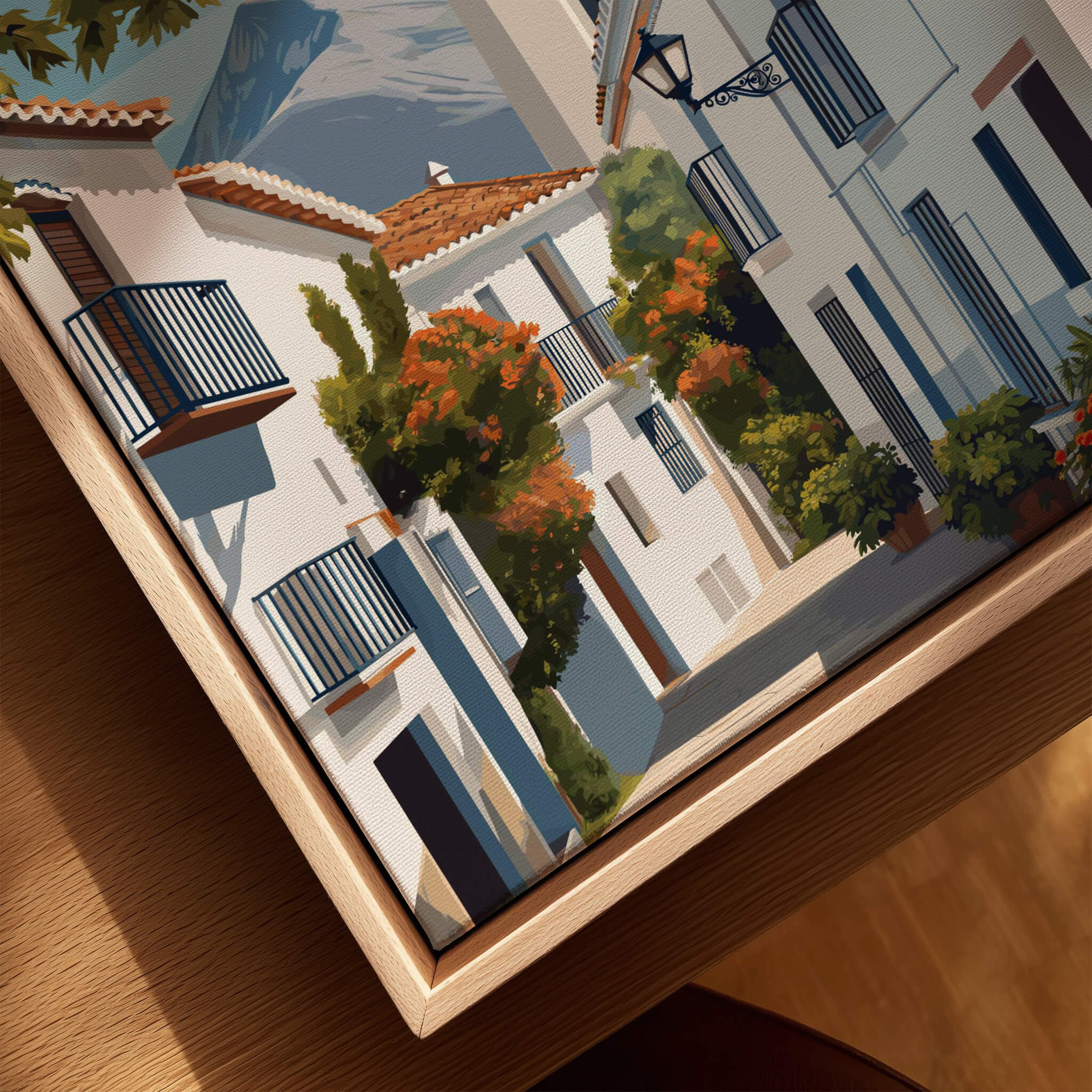 Mijas Spain Travel Poster | Traditional White Street Wall Art Print featuring cobblestone streets and white-washed buildings.