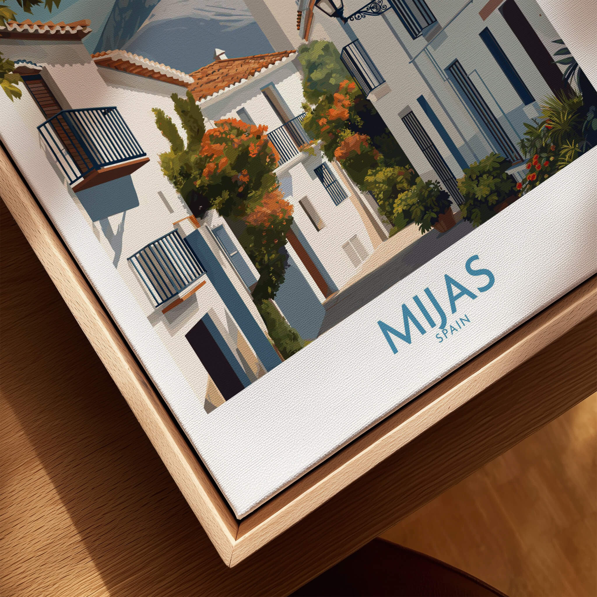 Mijas Spain Canvas Print | Historic Spanish Village Scene Poster featuring traditional whitewashed buildings.