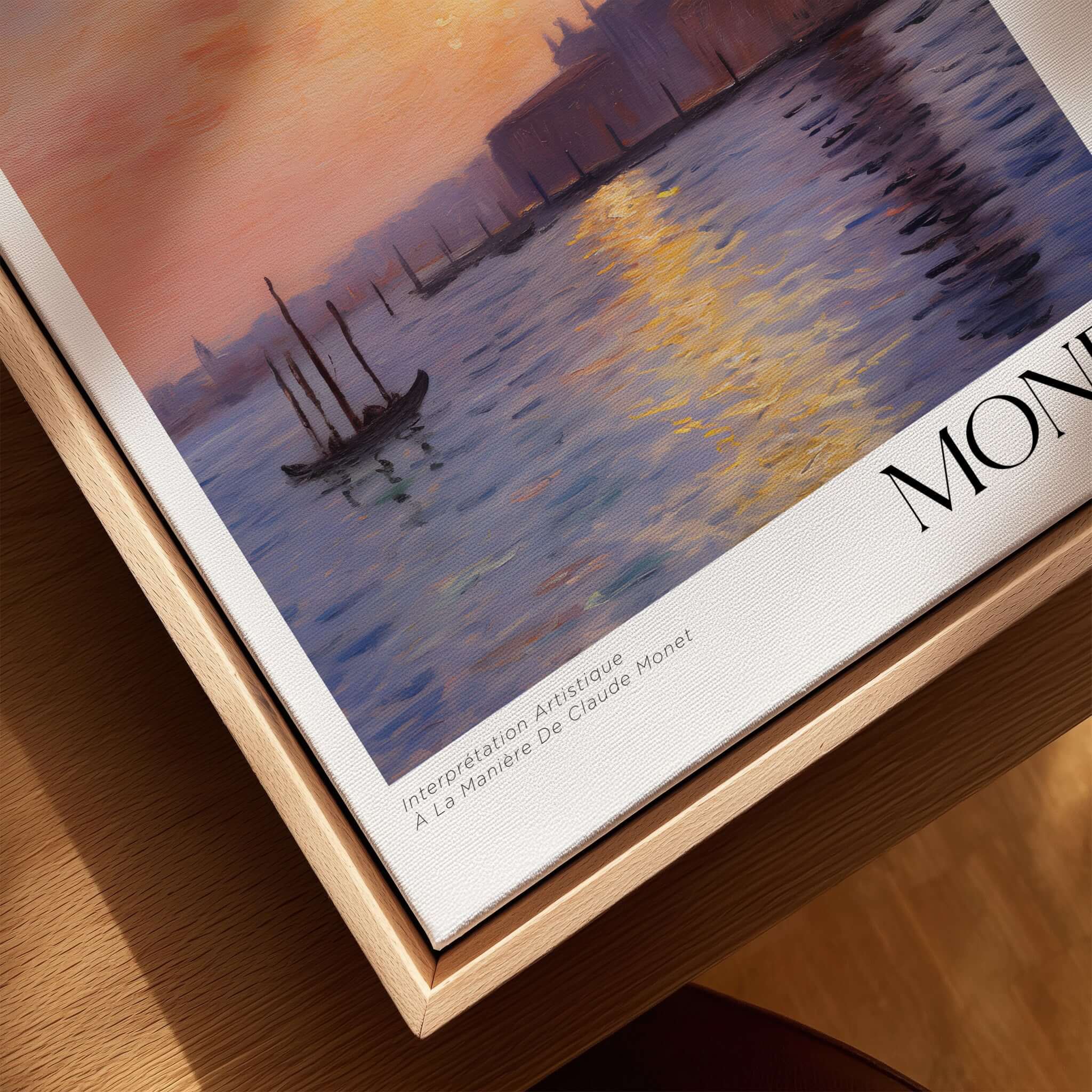 Monet Venice wall art featuring sunset reflections on the canal with silhouetted architecture.