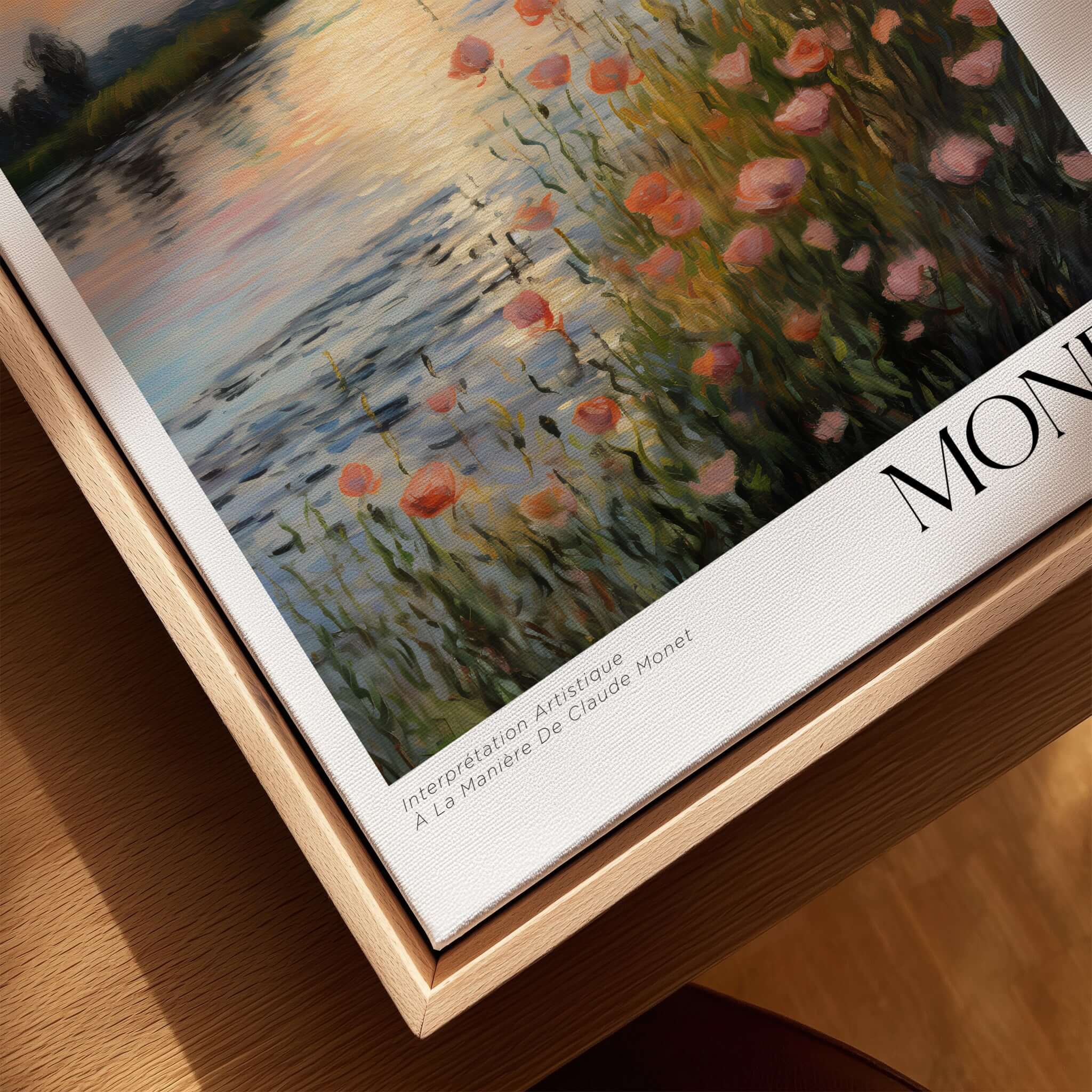 Claude Monet Wall Art Print - Sunset River Poppies on a canvas, showcasing pink and orange poppies by a serene river.
