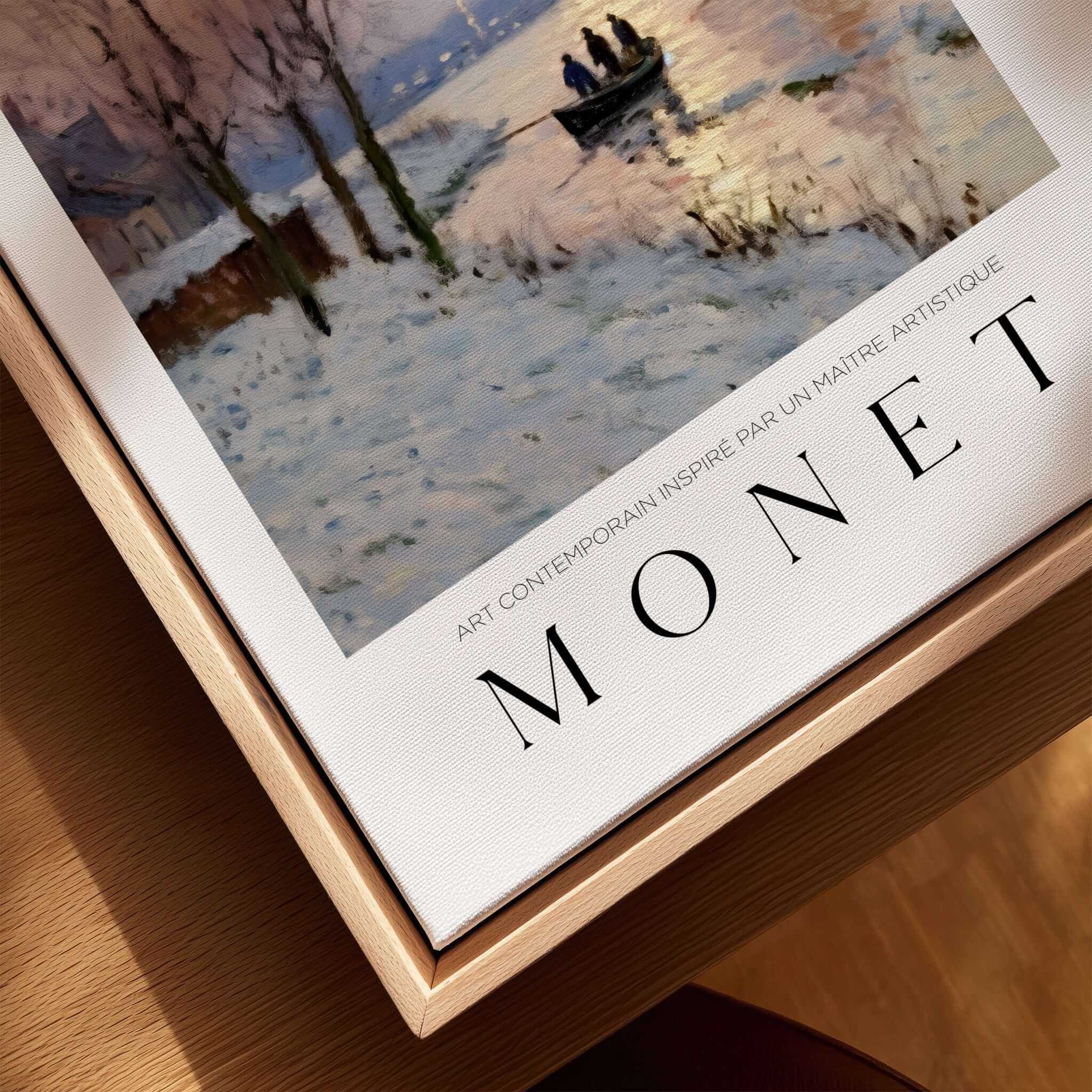 Claude Monet Poster - Winter River Sunset Wall Art - Snow Scene Print on display with soft reflections and serene winter landscape.