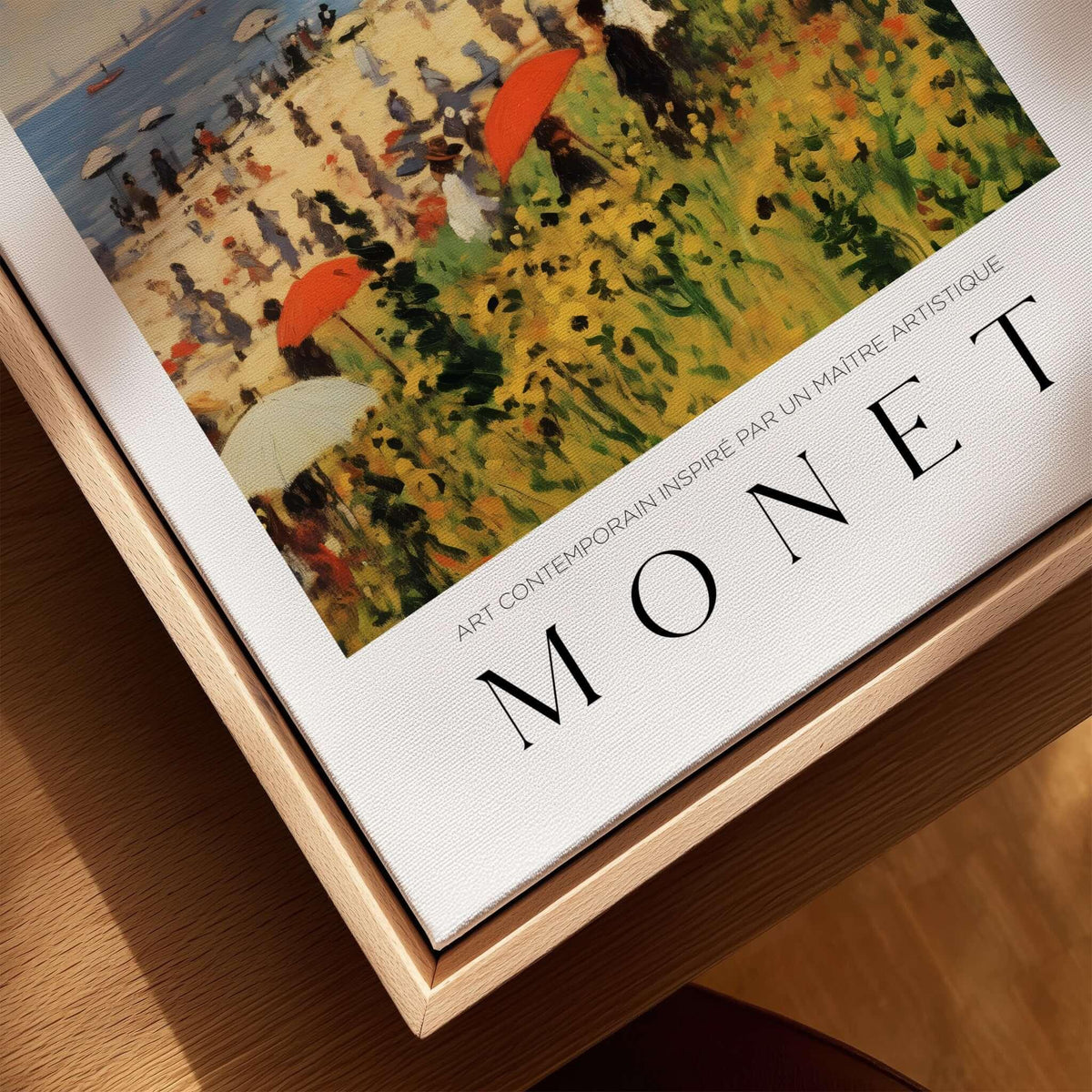 Claude Monet Art Print - Sunny Beach Resort with Flowers Poster displayed in wooden frame on table