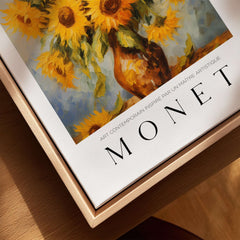 Claude Monet Art Print - Radiant Sunflowers in Vase Wall Art featuring vibrant sunflowers in a textured background.