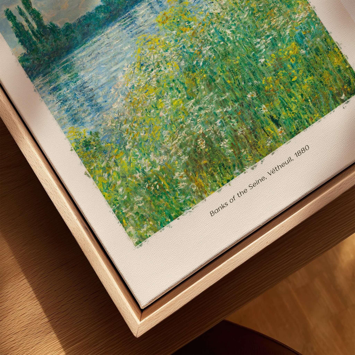 Monet Banks of the Seine Vétheuil River Landscape Art Print Poster displayed with vibrant greens and serene river scene.