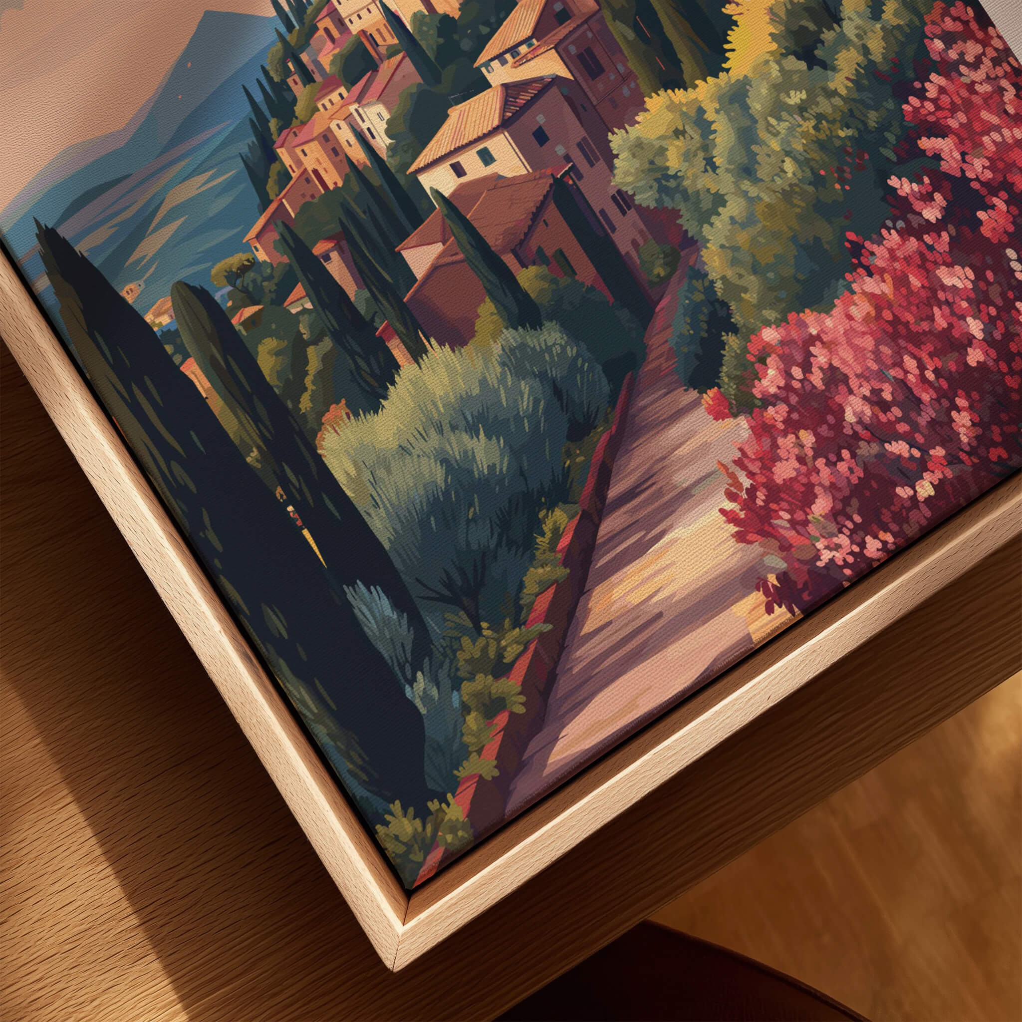 Montepulciano Italy Travel Poster | Tuscan Sunset Wall Art Print featuring vibrant hillside homes and blooming gardens.