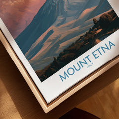 Close-up of Mount Etna Italy travel poster in natural wood floating frame on canvas