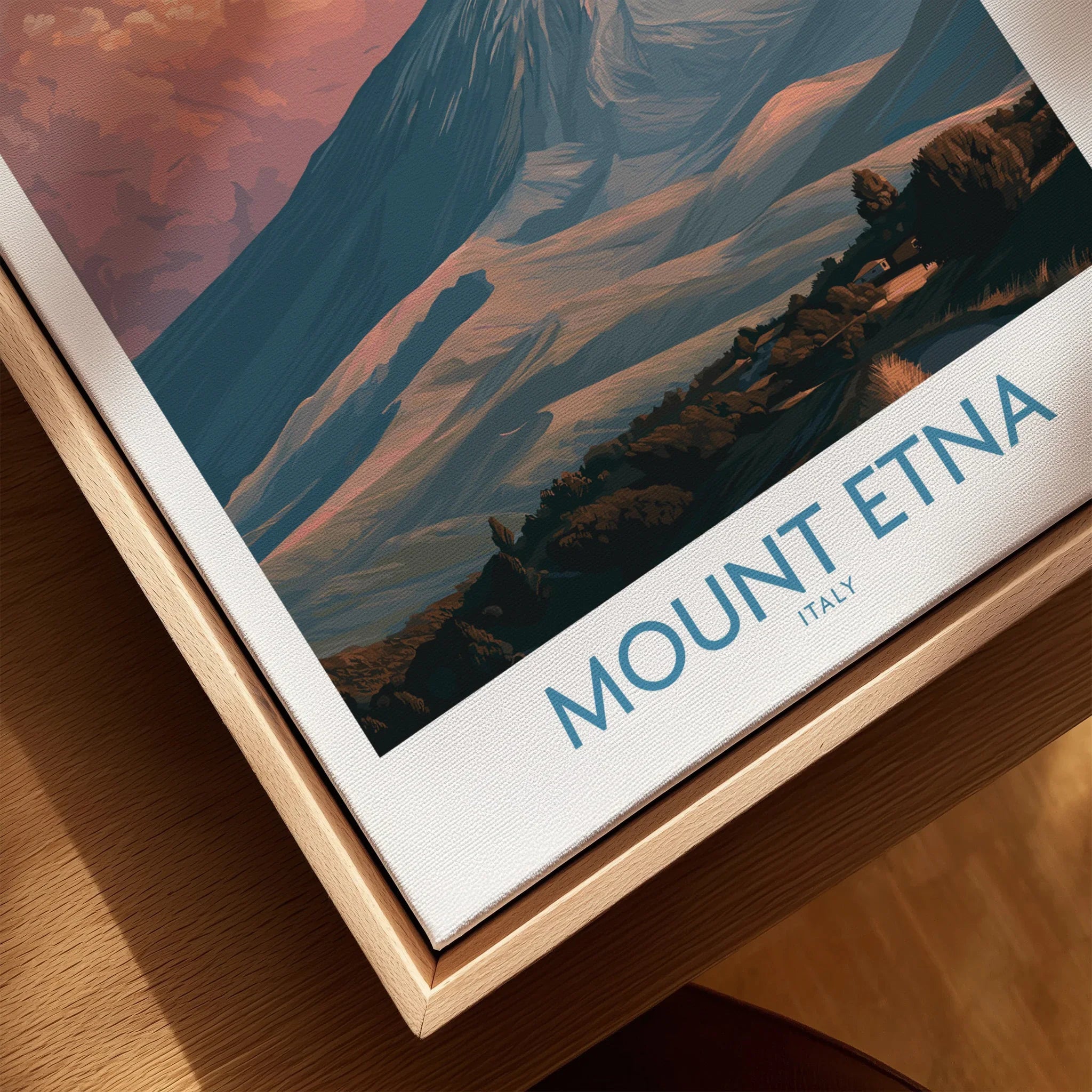 Close-up of Mount Etna Italy travel poster in natural wood floating frame on canvas