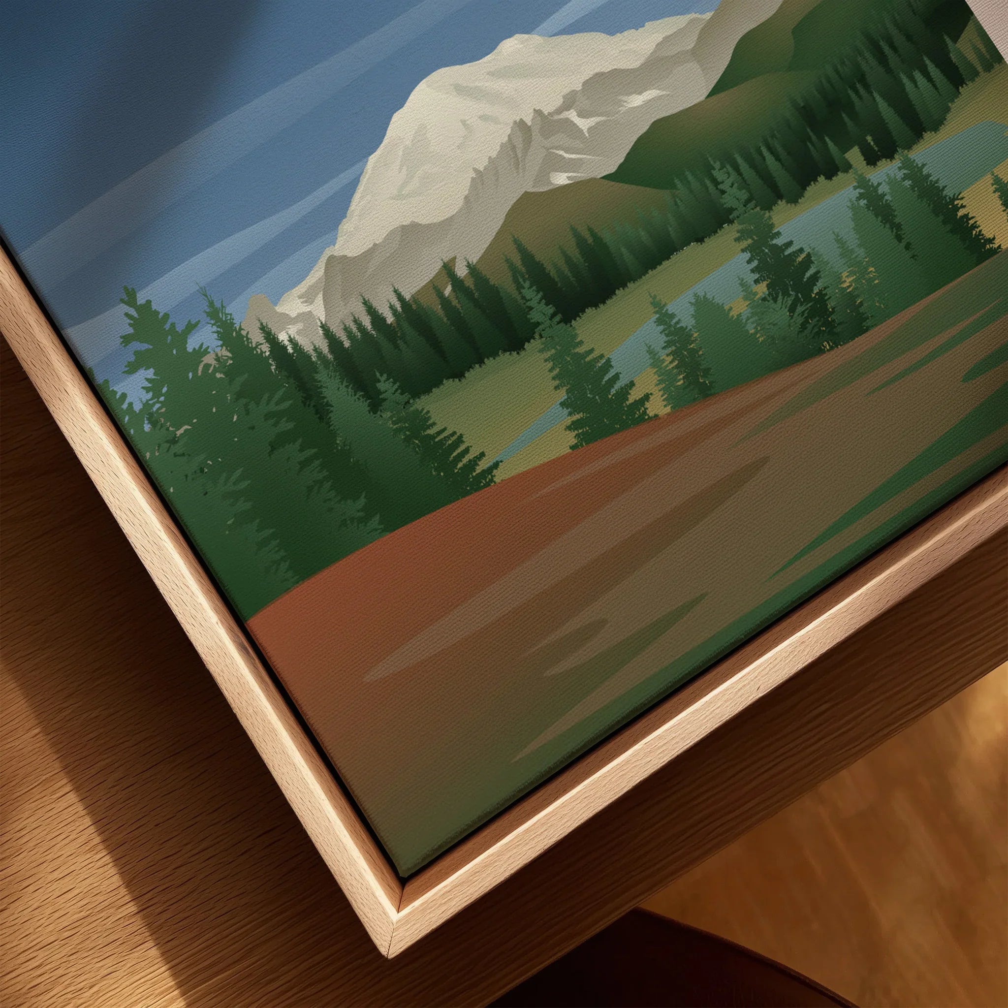Close-up of Mount Rainier National Park print in a natural wood floating frame