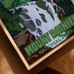 Closeup of Mount Rainier National Park print with waterfall in natural wood floating frame