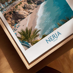 Nerja Spain Poster | Mediterranean Beach Landscape Canvas Print featuring a stunning view of the beach and palm trees.