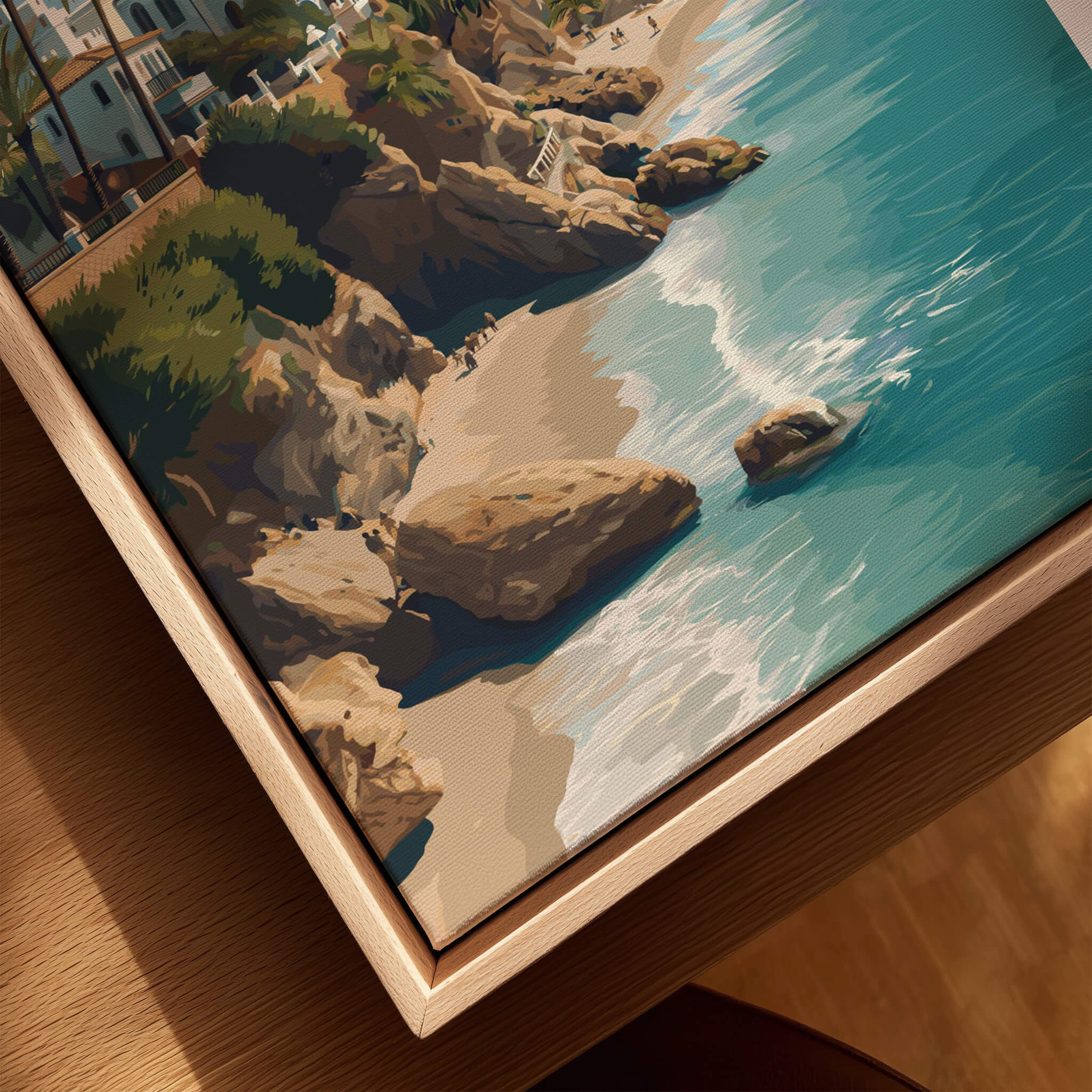 Nerja Spain Wall Art Print | Mediterranean Travel Poster illustrating a beach with turquoise waters and cliffs.