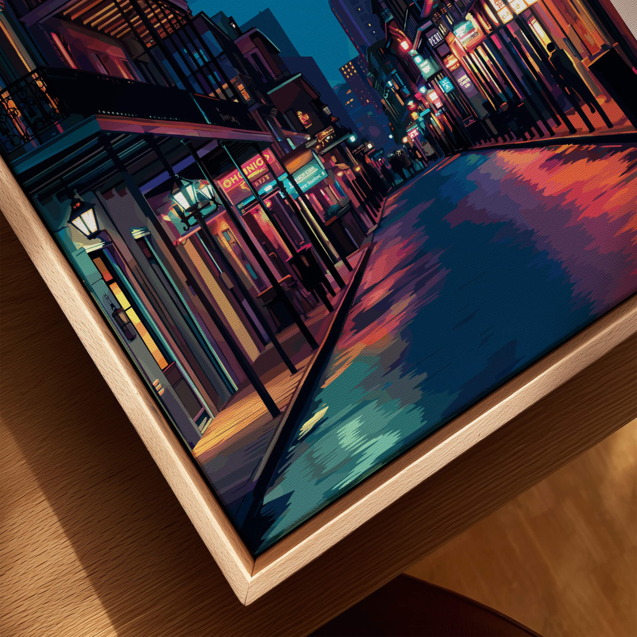 New Orleans Travel Poster | Bourbon Street Night Wall Art Print showcasing vibrant nightlife and glowing storefronts.