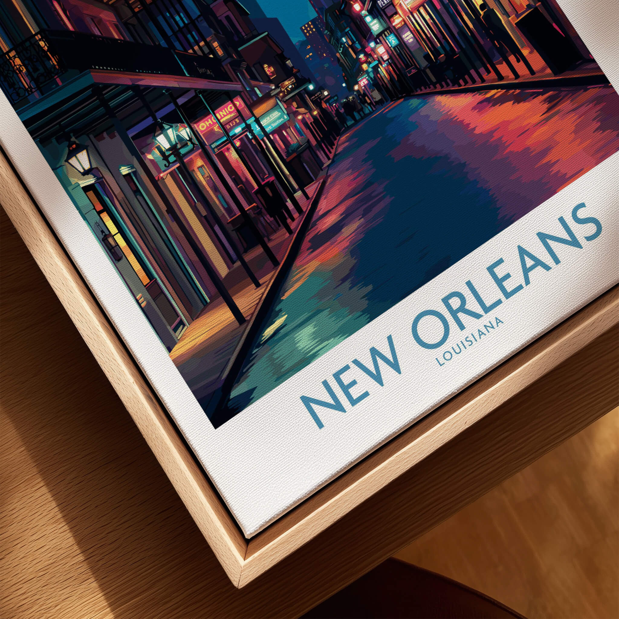New Orleans Canvas Print | French Quarter Cityscape Poster showcasing a vibrant, illuminated street in New Orleans.