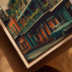 New Orleans Wall Art Print | French Quarter Balcony Travel Poster showcasing colorful balconies and vintage cars.