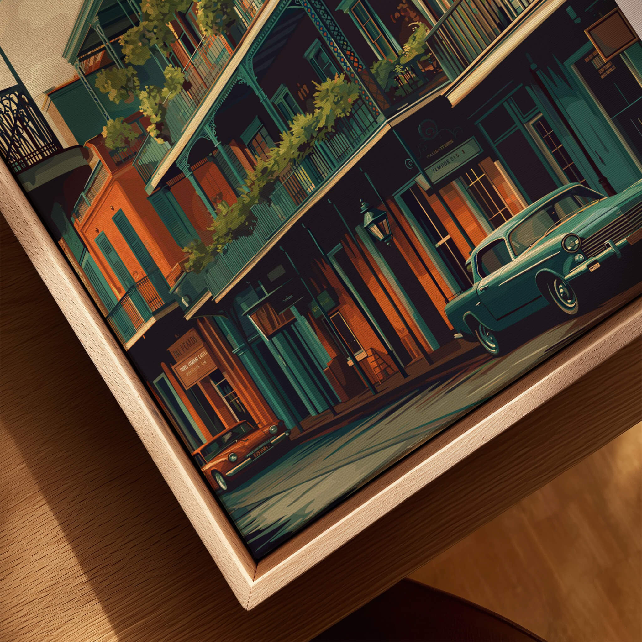 New Orleans Wall Art Print | French Quarter Balcony Travel Poster showcasing colorful balconies and vintage cars.
