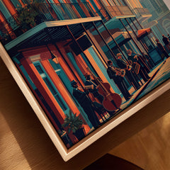 New Orleans Poster | Jazz Band Street Scene Wall Art Print features musicians performing in a vibrant street scene.