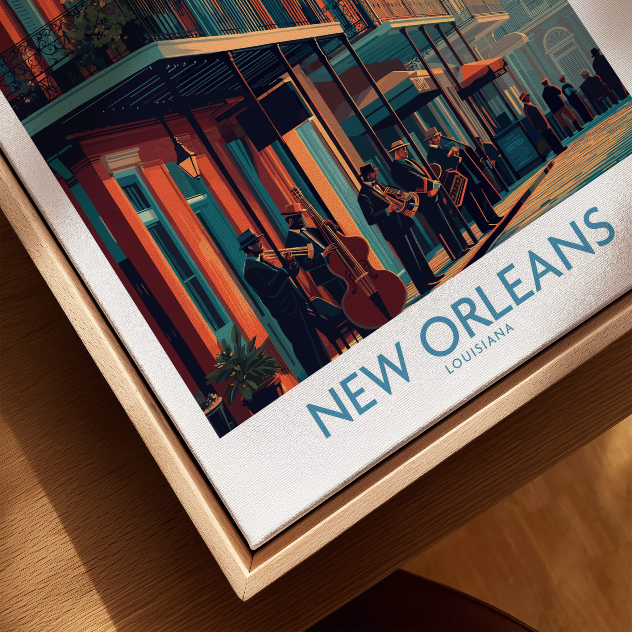 New Orleans Canvas Print | Musical Heritage Cityscape Poster featuring street musicians in vibrant New Orleans.