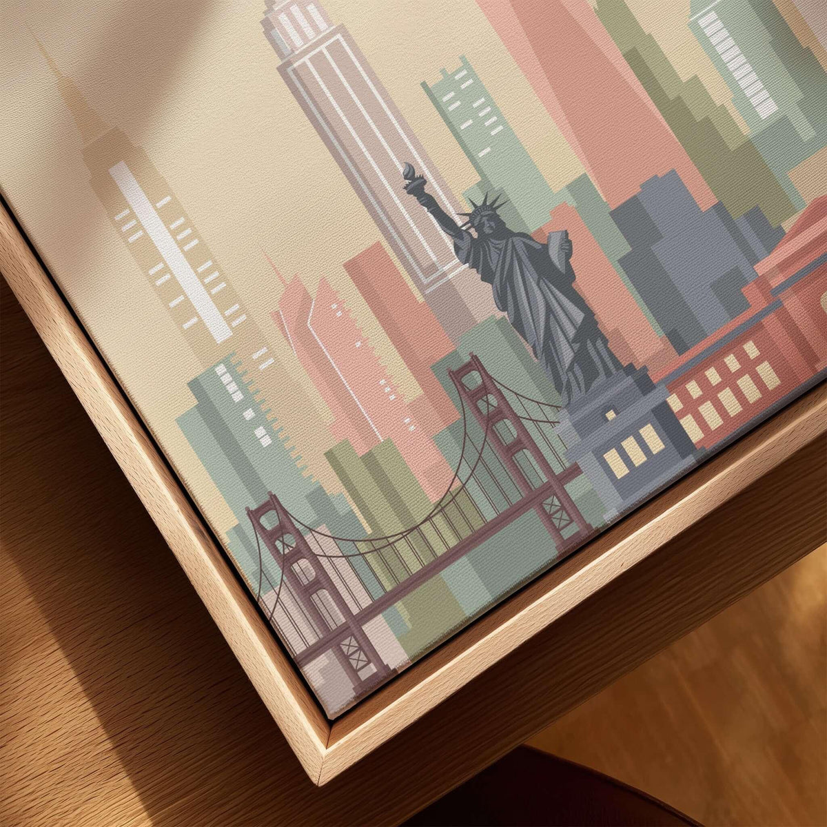 New York City Skyline Print | Wall Art featuring the Statue of Liberty and iconic buildings in soft pastel tones.