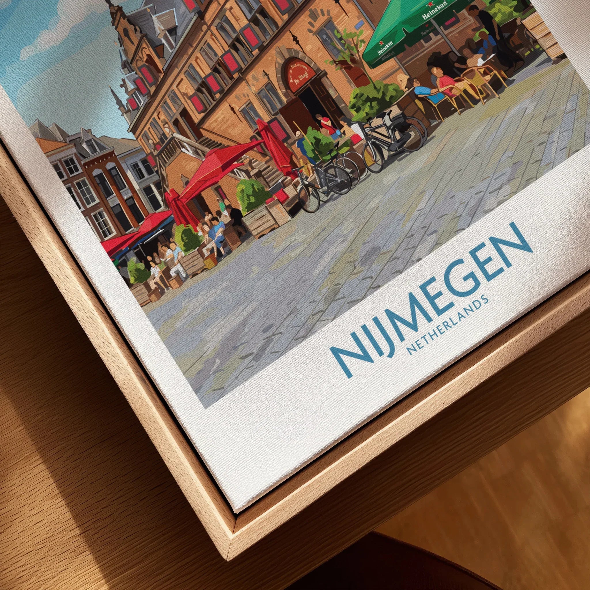 Nijmegen Netherlands travel poster print in natural wood floating frame, close-up view