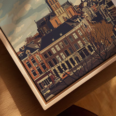 Close-up of cityscape wall art print in natural wood floating frame