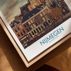 Nijmegen Netherlands city poster in natural wood floating frame, wall art close-up