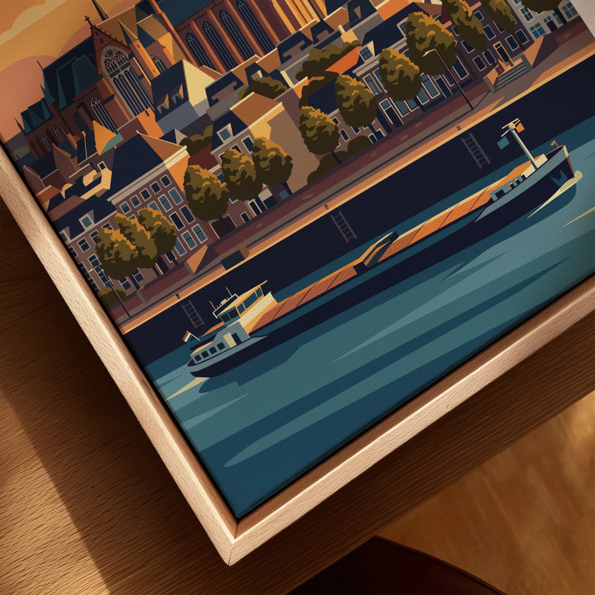 Closeup of framed canvas wall art with illustrated river boat and cityscape in natural wood frame