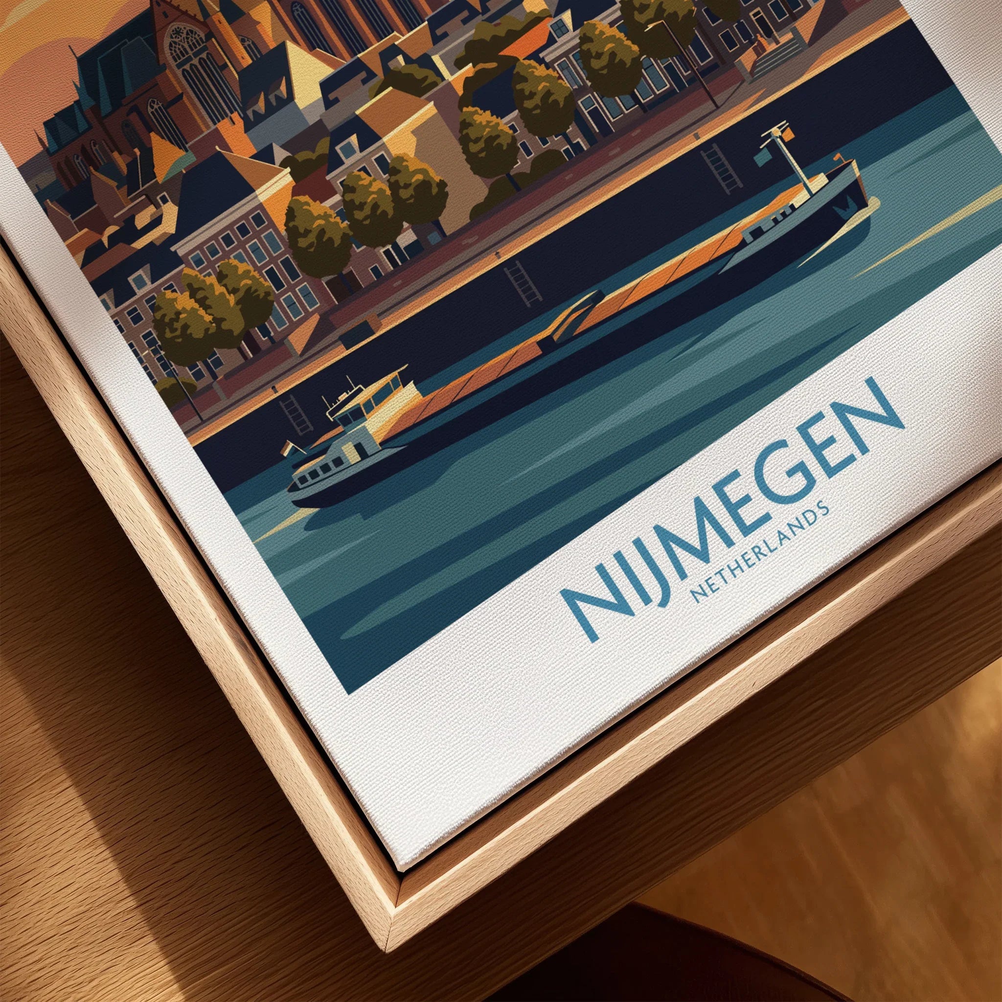 Nijmegen cityscape wall art print with river scene in natural wood floating frame