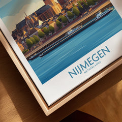 Close-up of Nijmegen Netherlands travel poster in natural wood floating frame, cityscape art print