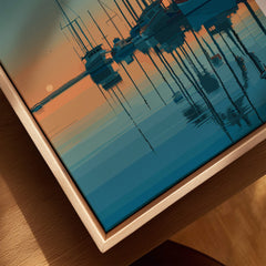 Oxnard California Wall Art Print | Sunset Harbor & Sailboats Travel Poster showcasing boats and reflections at sunset.