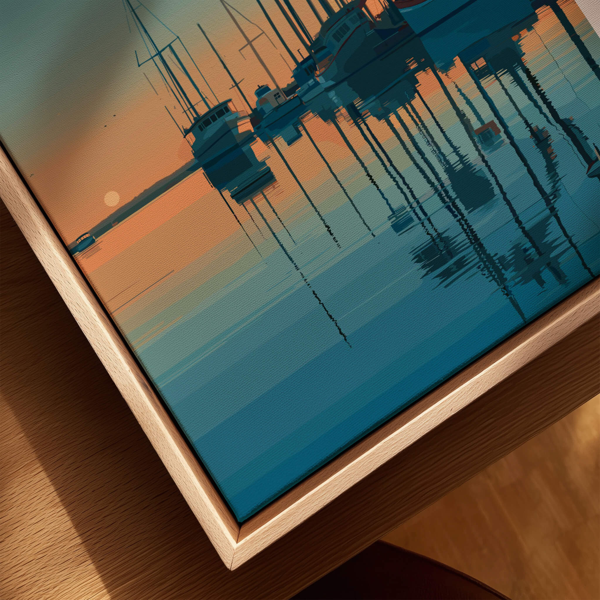 Oxnard California Wall Art Print | Sunset Harbor & Sailboats Travel Poster showcasing boats and reflections at sunset.
