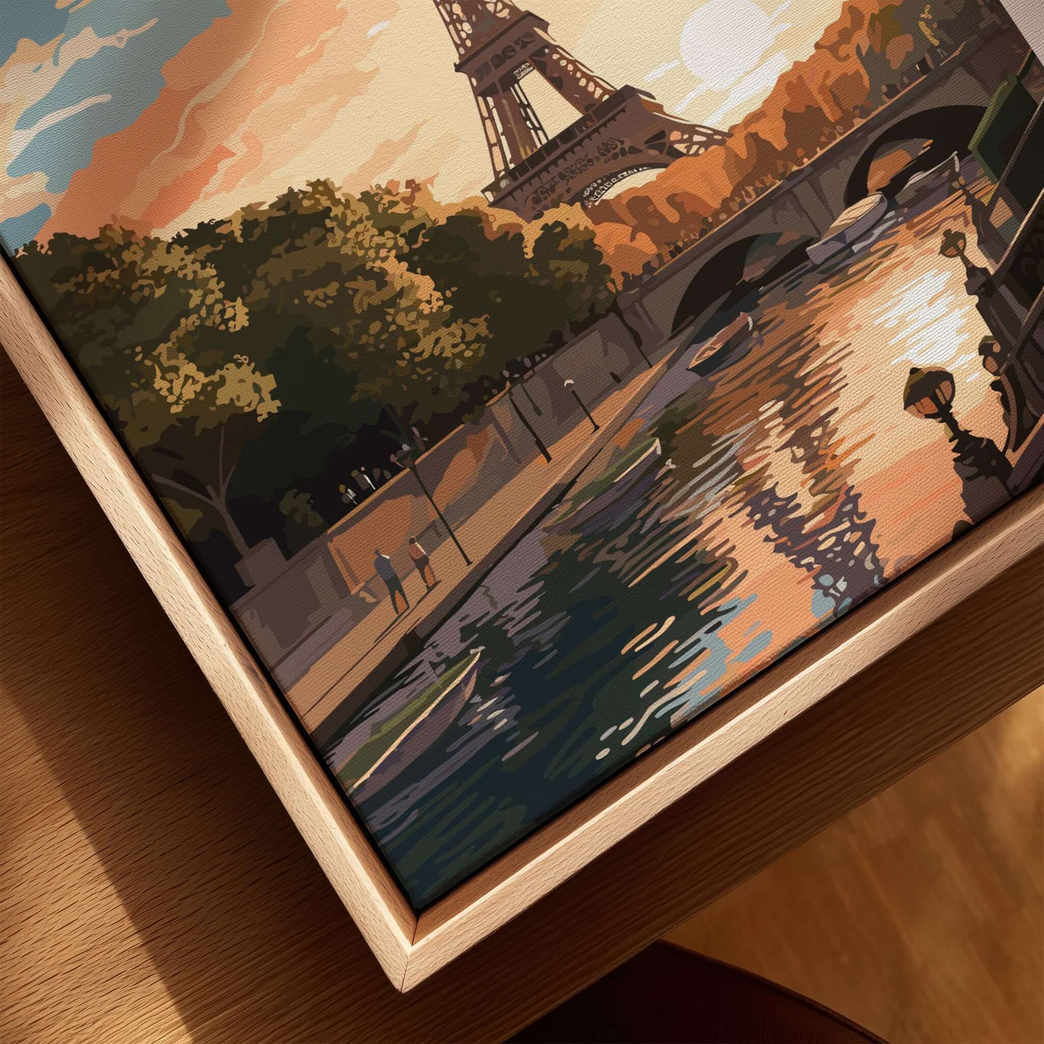 Paris Print featuring the Eiffel Tower at sunset over the Seine River in Paris.