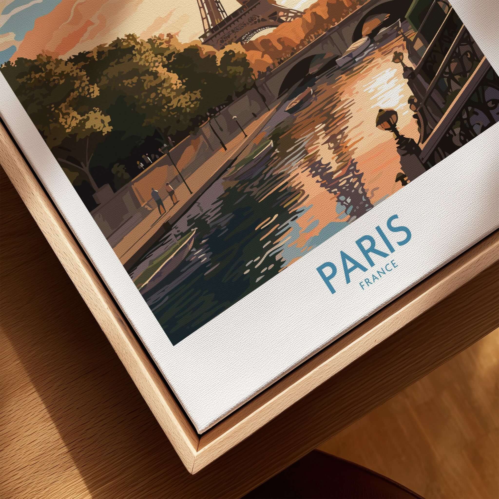 Paris Art Print featuring vibrant sunset and Eiffel Tower reflections on the Seine River.